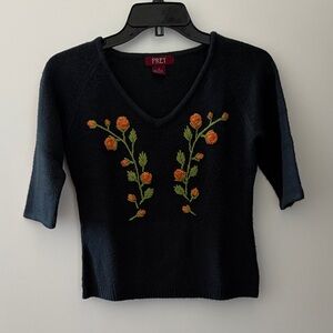 Women's Black V-Neck Sweater with Orange Floral Embroidery